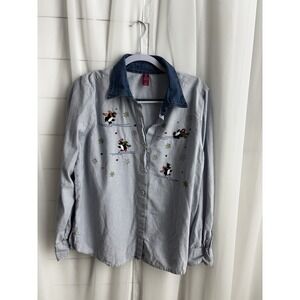 St John's Bay Womens Blue Striped Penguin‎ Embroidered Denim Collar Shirt Large